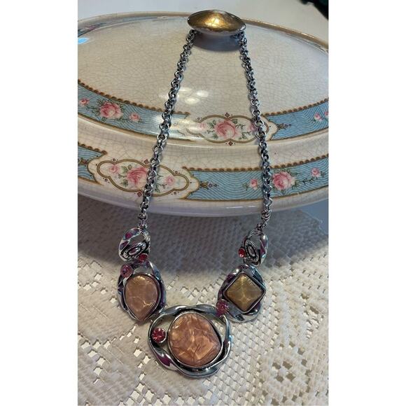 Vintage Silver Multi Colored Gemstones Brutalist Adjustable “H” Maker Mark Neckl - Picture 7 of 11